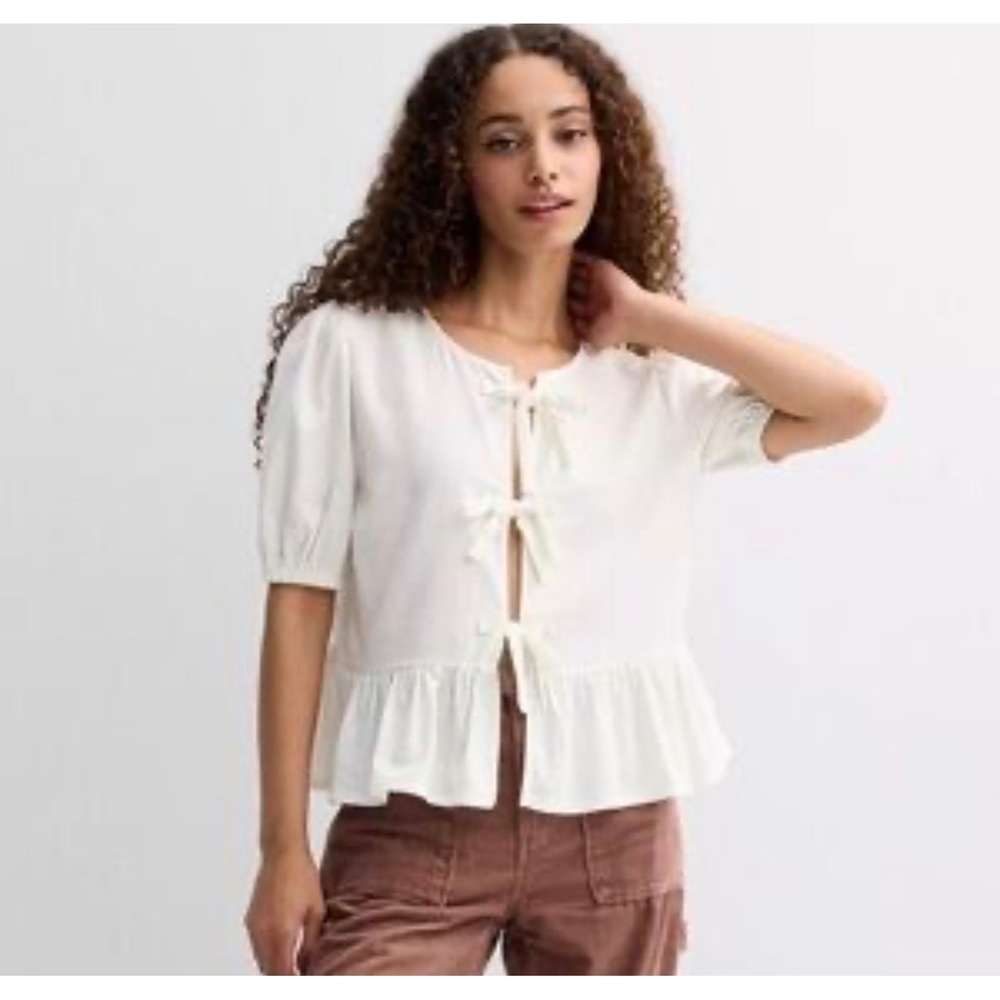 Liberty Love White Linen Blend Tie Front Puff Sleeve Peplum Top XS